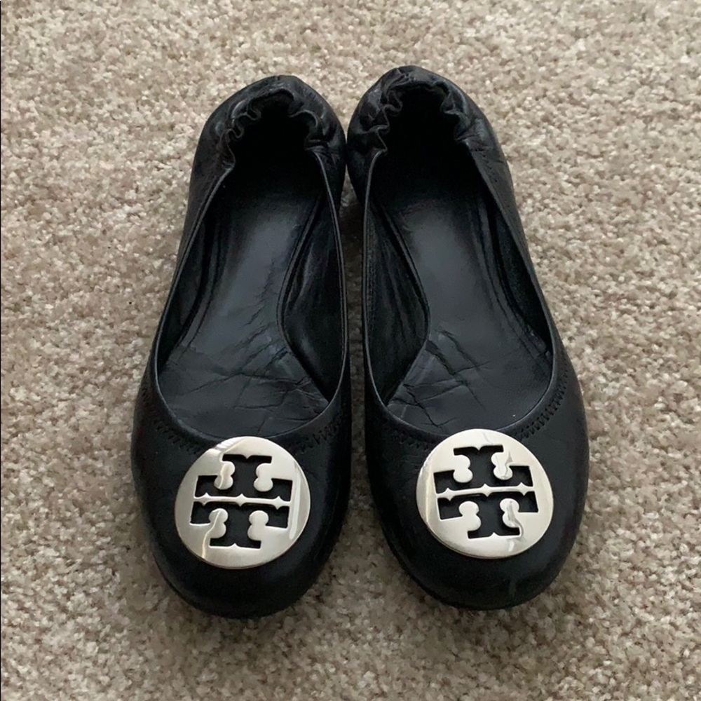 Tory Burch Black & Silver Reva Ballet Flats Size 8